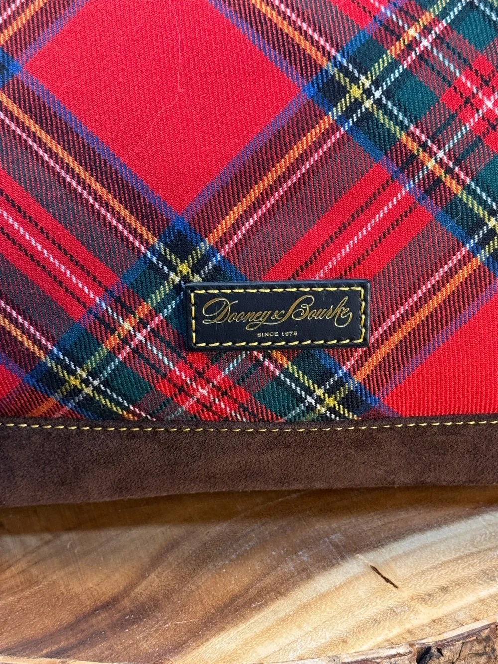 Dooney & Bourke Red Tartan Plaid Hobo Shoulder Bag Dark Brown Suede Trim EUC